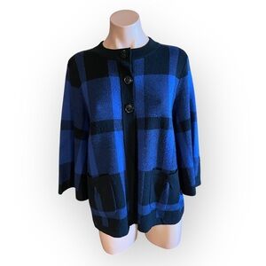 Designers Originals Women’s Large Blue/Black Plaid Acrylic Cardigan Sweater